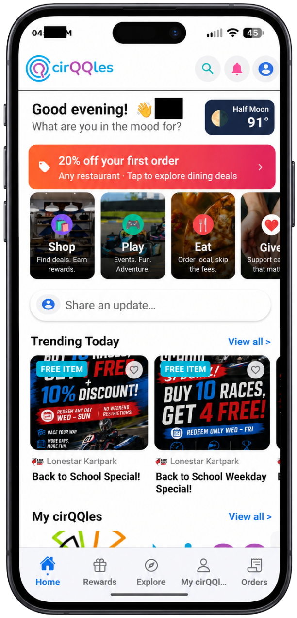 A phone showing the cirQQles mobile app home screen with Shop, Play, Eat and Give categories and trending offers from local businesses