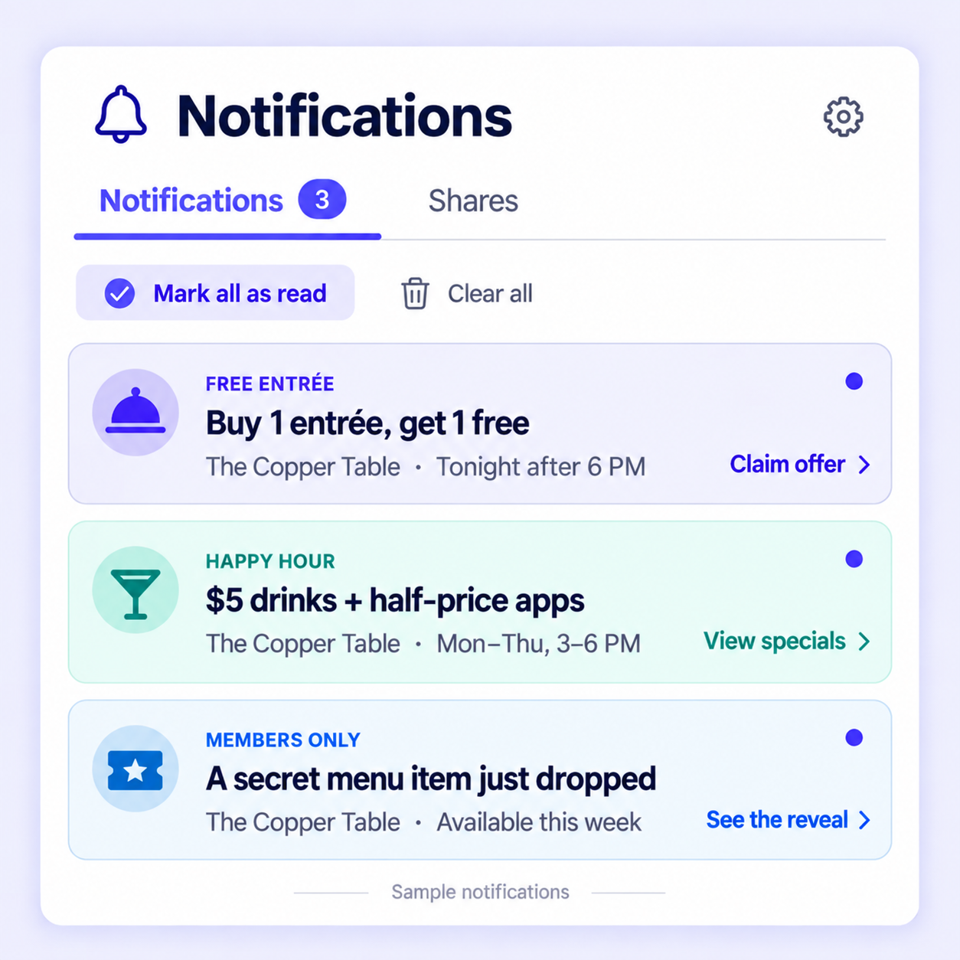 Notifications screen showing a buy one get one entree offer, a happy hour special and a members only secret menu item