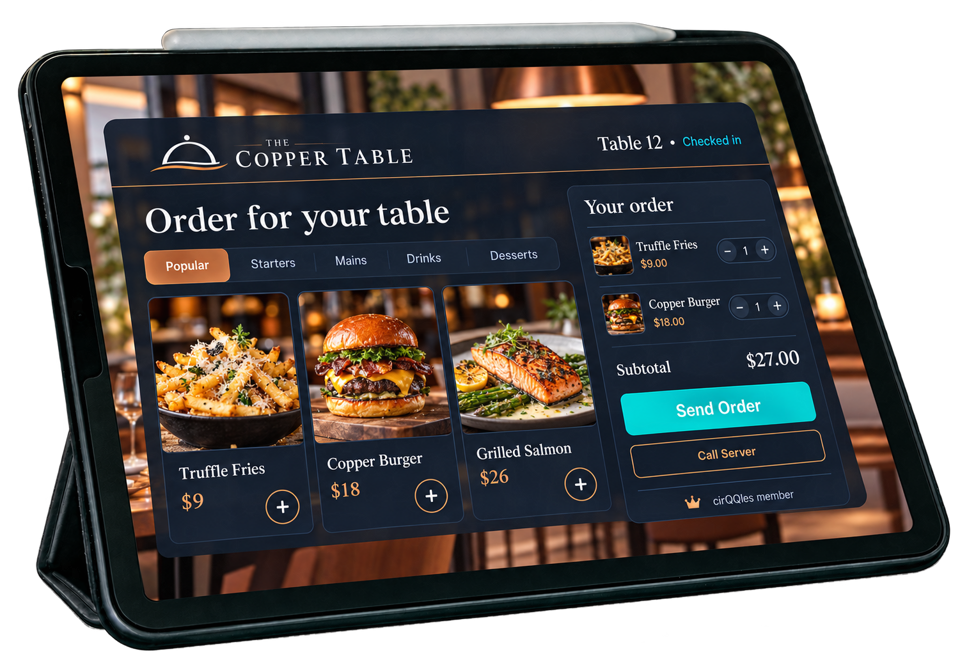 A restaurant tablet checked in at Table 12, showing a menu to order from, the order so far, and Send Order and Call Server buttons