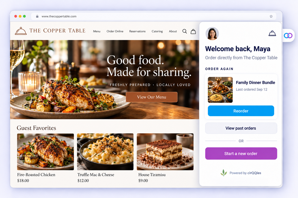 A restaurant's own website with a cirQQles panel open beside it, offering Reorder, View past orders and Start a new order