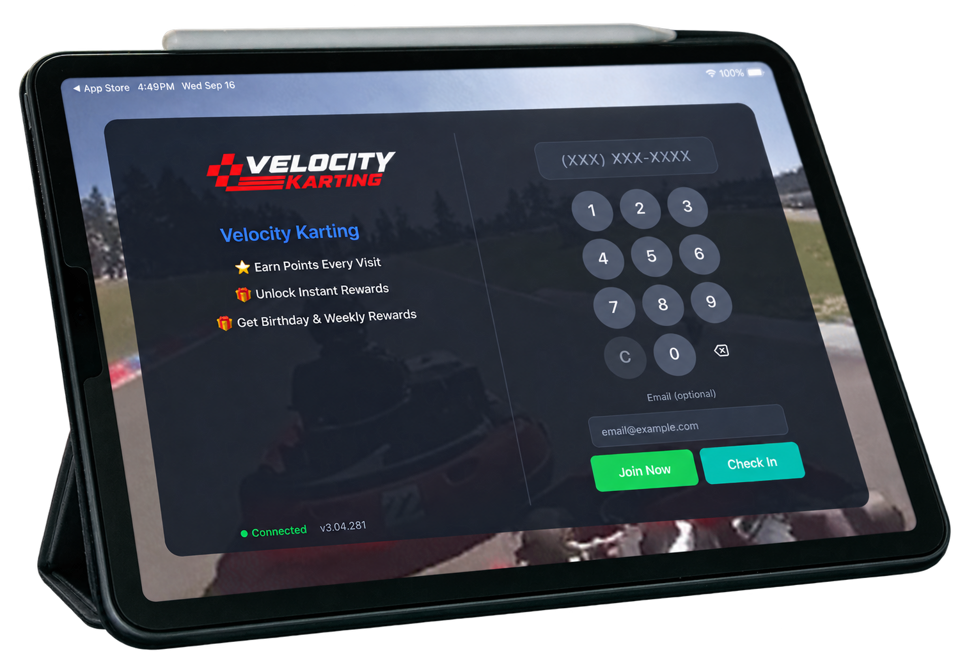 A tablet check in kiosk for a go kart venue with a phone number keypad and Join Now and Check In buttons