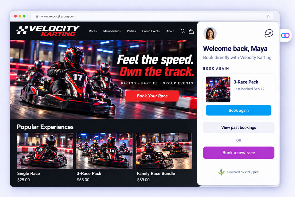 A go kart venue's own website with a cirQQles panel open beside it, offering Book again, View past bookings and Book a new race
