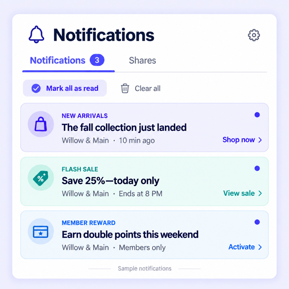 Notifications screen showing new arrivals, a flash sale and a member reward sent to a shop’s members