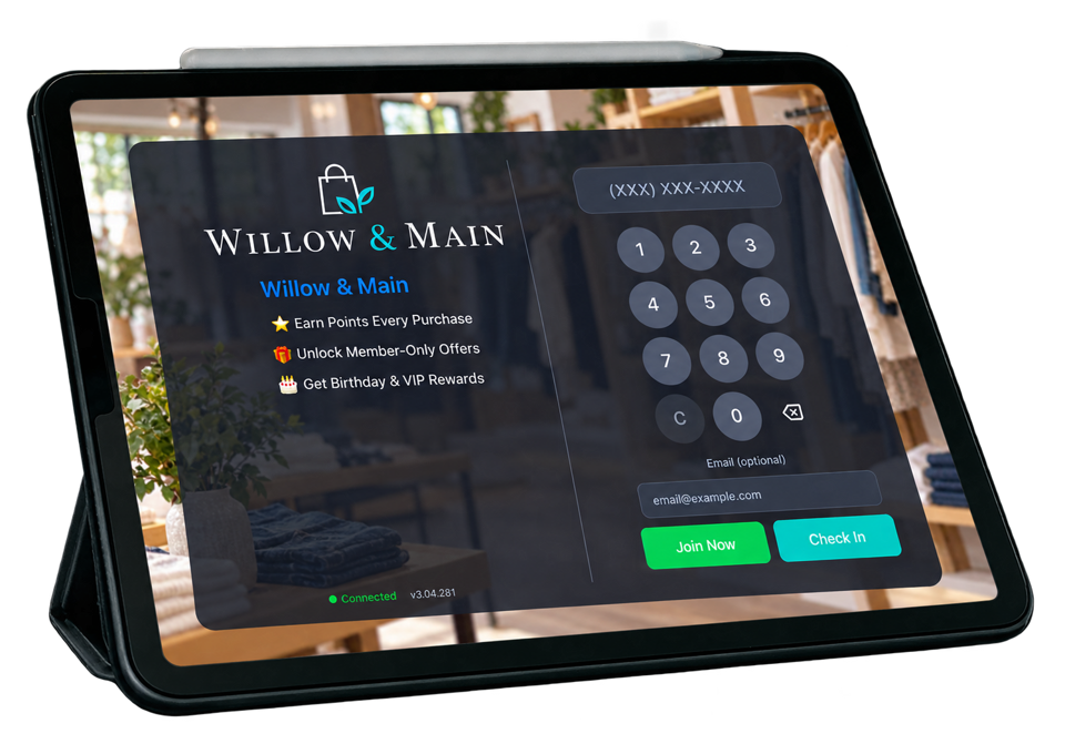 A tablet loyalty kiosk for a clothing store with a phone number keypad and Join Now and Check In buttons