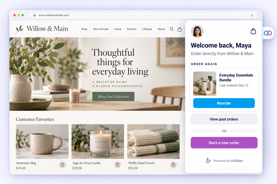A home goods store's own website with a cirQQles panel open beside it, offering Reorder, View past orders and Start a new order