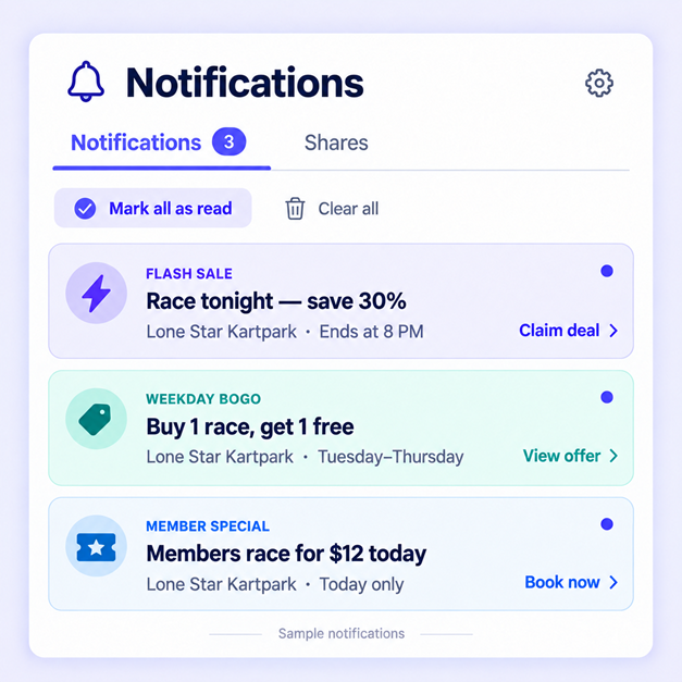 Notifications screen showing a flash sale, a weekday buy one get one offer and a member special